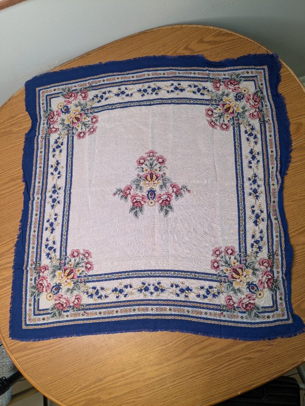 vintage woven hair neck scarf blue white floral retro frayed hem 29" x 29.5"